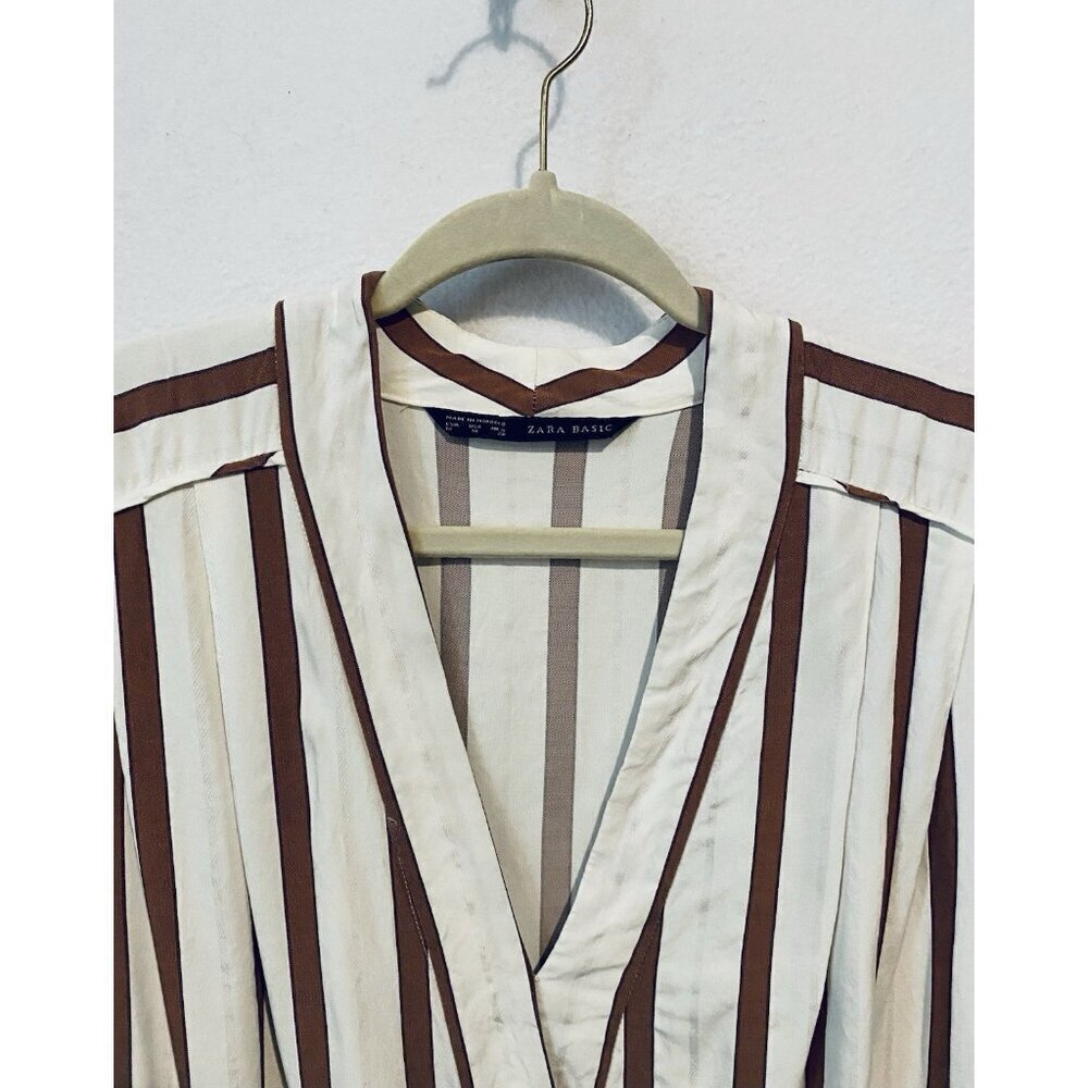 Zara Dress Womens Medium Red White Striped Mini Faux Wrap Pleated Pockets Boho - Picture 3 of 7